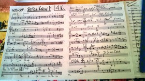 fischer_chart_better_know_it_022613 Stewart 'Dirk' Fischer's hand-written chart for 'Better Know It,' for alto and soprano sax. Photo: Stephen K. Peeples.