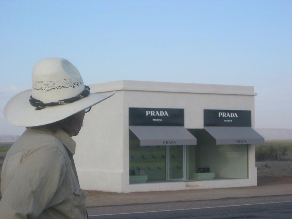 Boyd Elder keeps a hawkeye on the Prada installation outside Valentine, Texas.