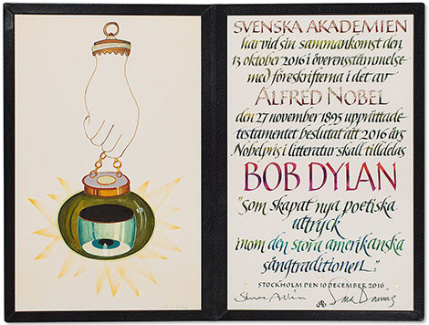 Bob Dylan Nobel Diploma by artist Jens Fange and calligrapher Annika Rucker (c) Nobel Foundation 2016