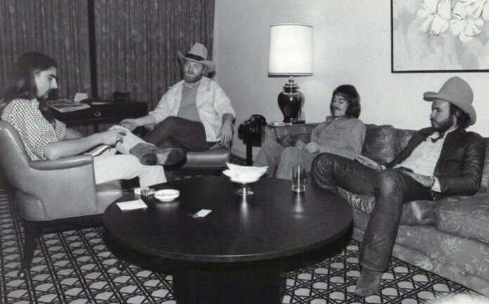 Stephen K. Peeples interviews ZZ Top's Dusty Hill, Frank Beard and Billy Gibbons at the Fairmont Hotel, Dallas, Nov. 29, 1975.