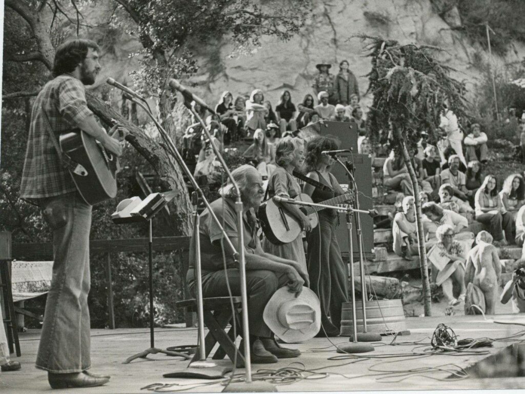 Will Geer onstage with at the Theatricum Botanicum local performers, late '60s.